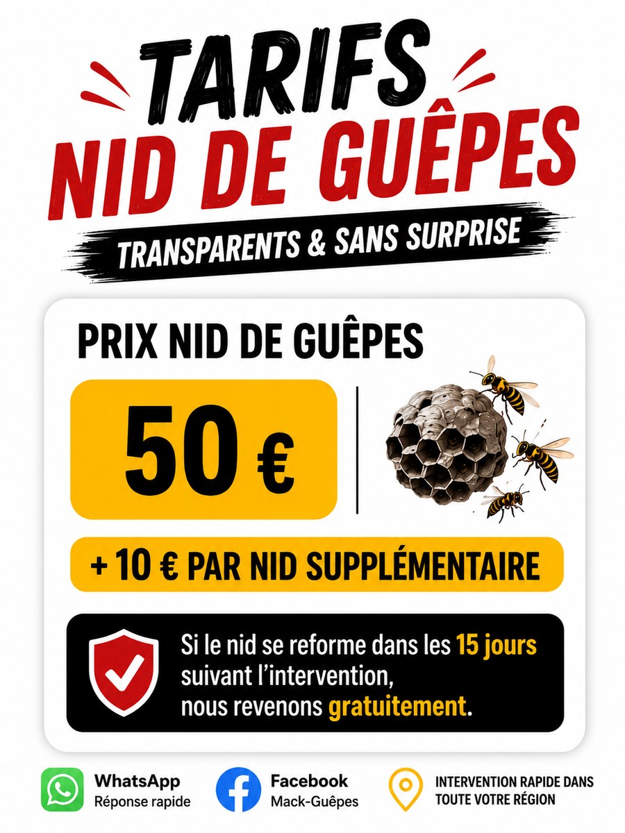 Tarifs nid de guêpes : 50€, +10€ par nid supplémentaire, garantie 15 jours